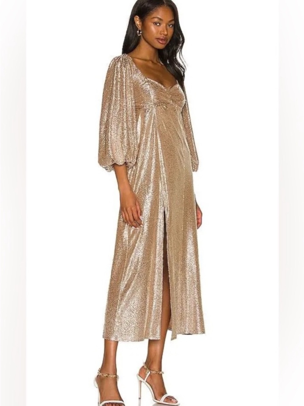 Show Me Your MuMu Gold Metallic Midi Dress with Puff Sleeves